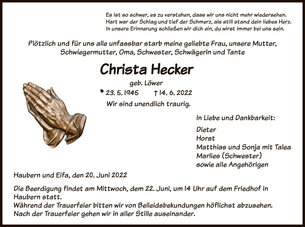  Traueranzeige für Christa Hecker vom 20.06.2022 aus HNA
