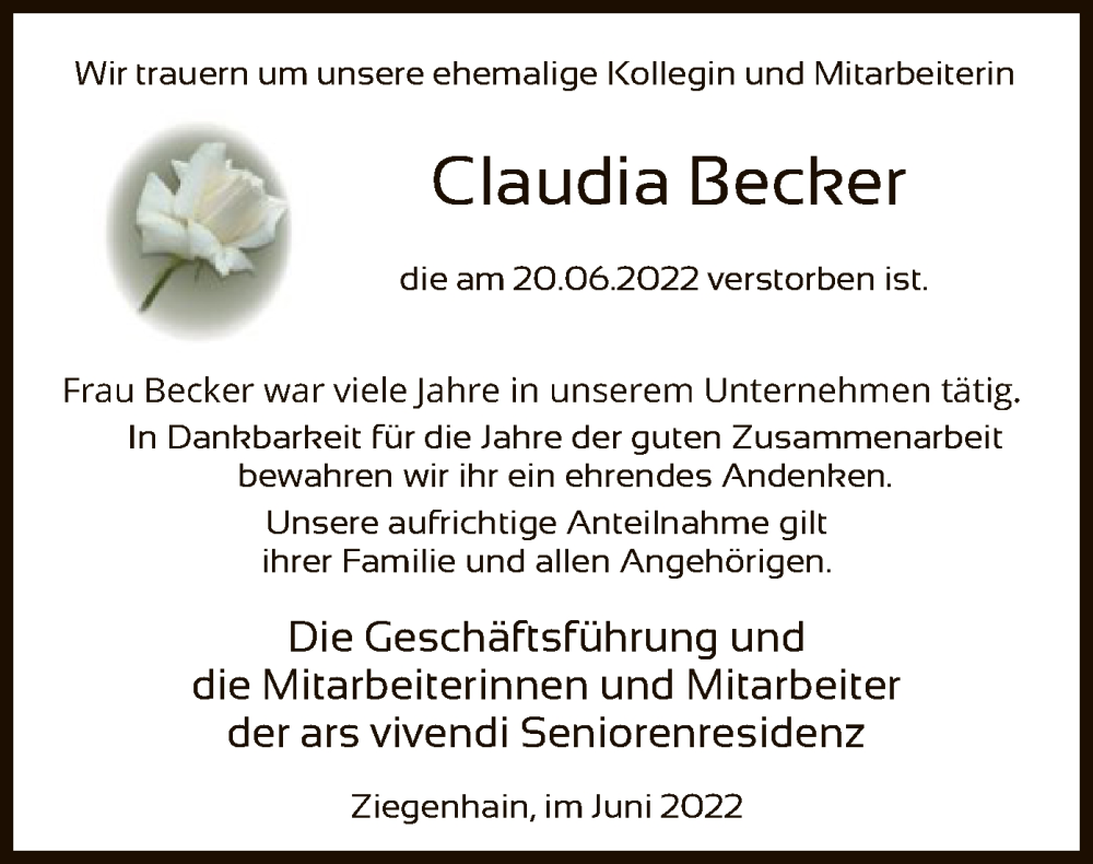  Traueranzeige für Claudia Becker vom 25.06.2022 aus HNA