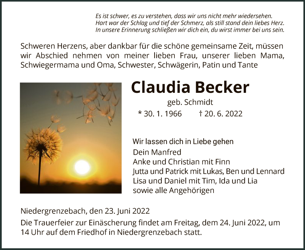  Traueranzeige für Claudia Becker vom 23.06.2022 aus HNA