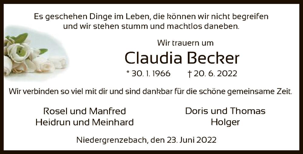  Traueranzeige für Claudia Becker vom 23.06.2022 aus HNA
