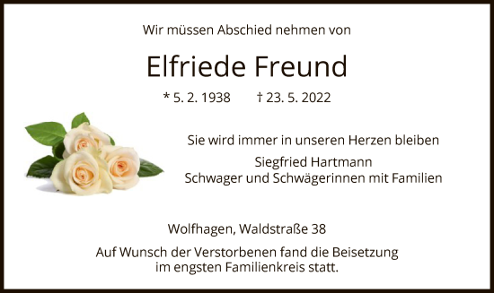 Traueranzeige von Elfriede Freund von HNA
