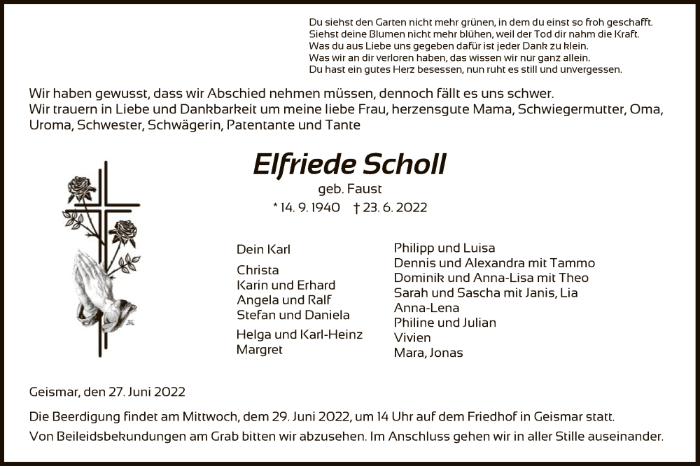  Traueranzeige für Elfriede Scholl vom 27.06.2022 aus HNA