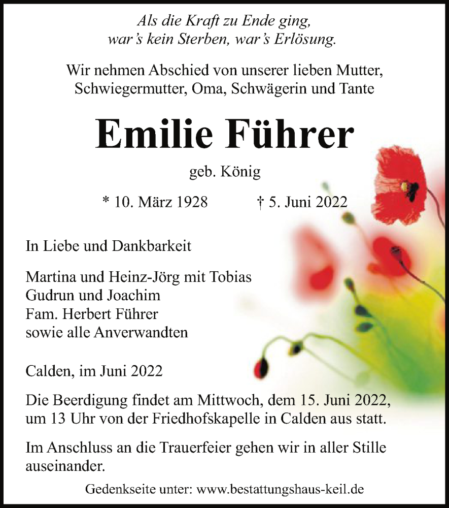  Traueranzeige für Emilie Führer vom 11.06.2022 aus HNA