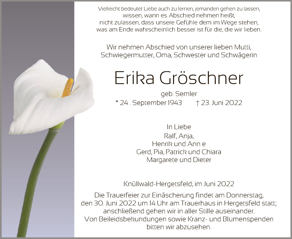  Traueranzeige für Erika Gröschner vom 28.06.2022 aus HNA