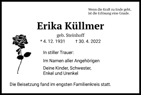 Traueranzeige von Erika Küllmer von HNA