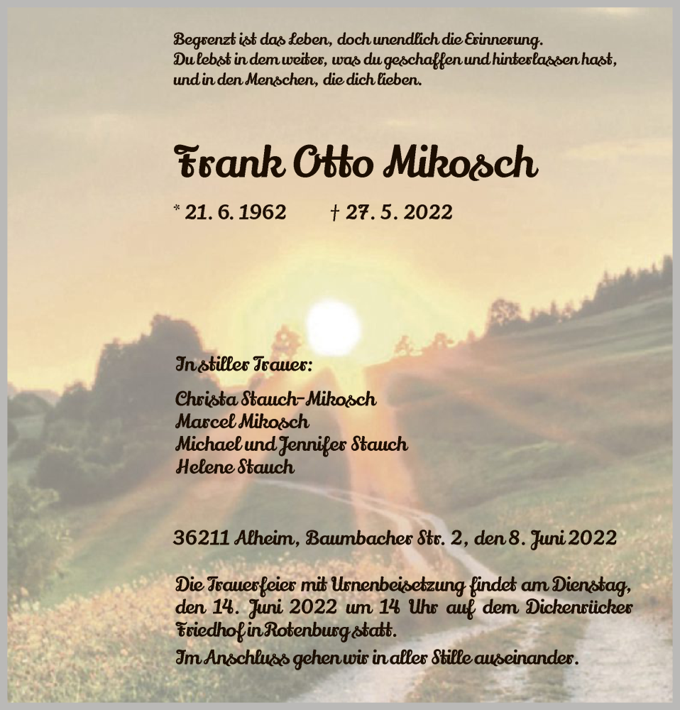  Traueranzeige für Frank Otto Mikosch vom 09.06.2022 aus HNA