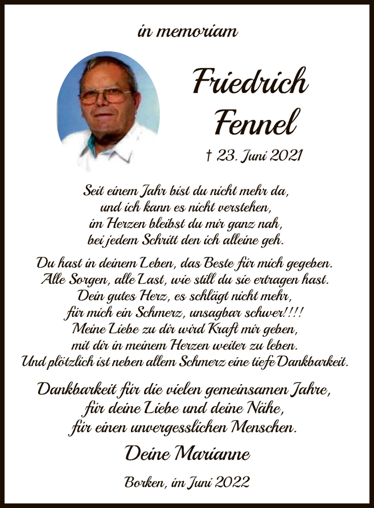  Traueranzeige für Friedrich  Fennel vom 23.06.2022 aus HNA