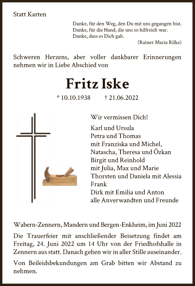  Traueranzeige für Fritz Iske vom 23.06.2022 aus HNA