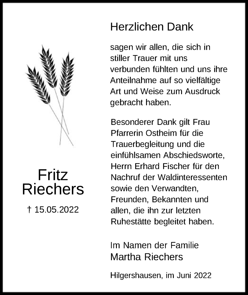  Traueranzeige für Fritz Riechers vom 11.06.2022 aus HNA
