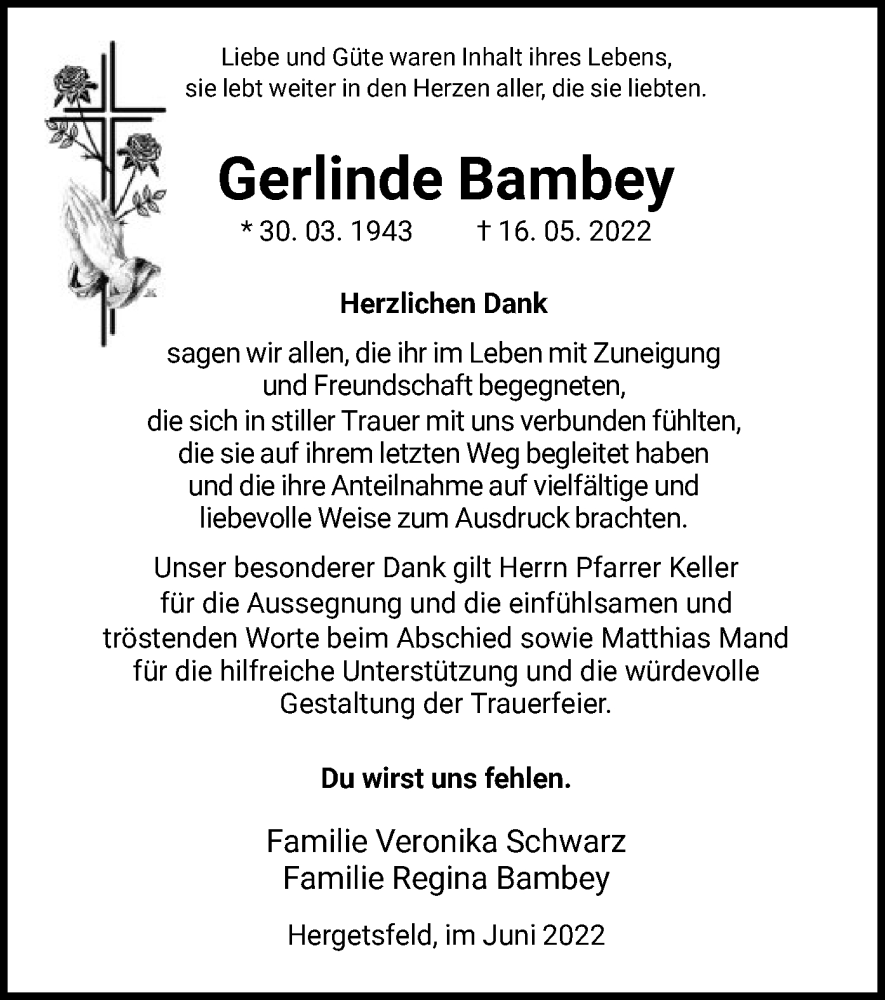 Traueranzeige für Gerlinde Bambey vom 18.06.2022 aus HNA