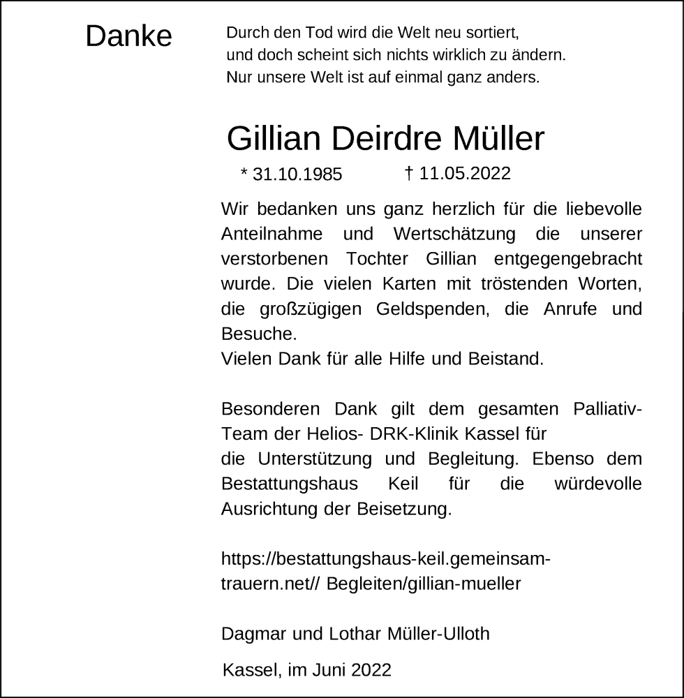  Traueranzeige für Gillian Deirdre Müller vom 18.06.2022 aus HNA