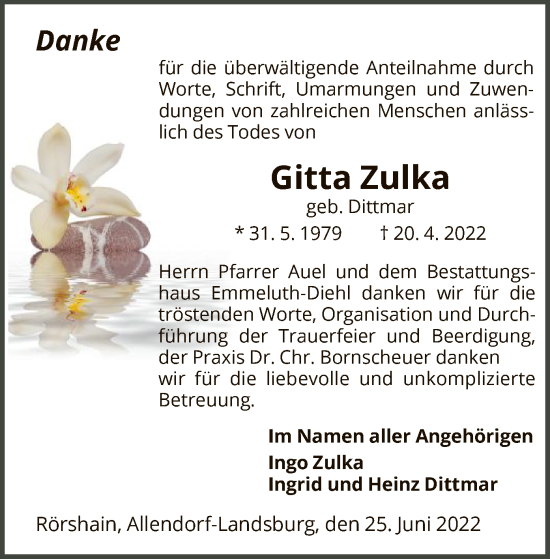 Traueranzeige von Gitta Zulka von HNA