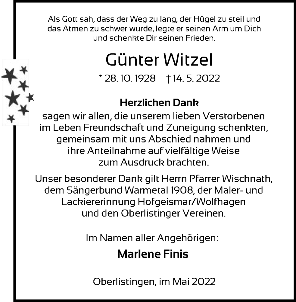  Traueranzeige für Günter Witzel vom 04.06.2022 aus HNA