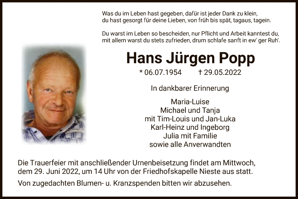  Traueranzeige für Hans Jürgen Popp vom 27.06.2022 aus HNA