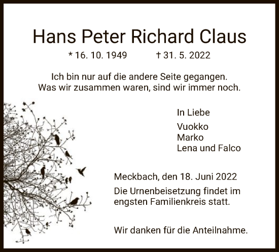 Traueranzeige von Hans Peter Richard Claus von HZ