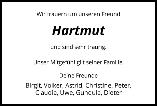 Traueranzeige von Hartmut  von HNA