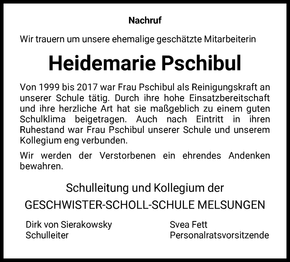  Traueranzeige für Heidemarie Pschibul vom 04.06.2022 aus HNA