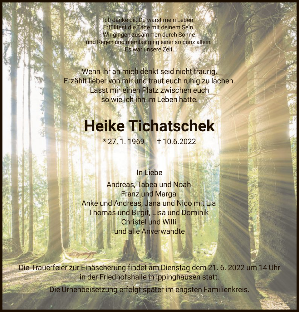  Traueranzeige für Heike Tichatschek vom 18.06.2022 aus HNA