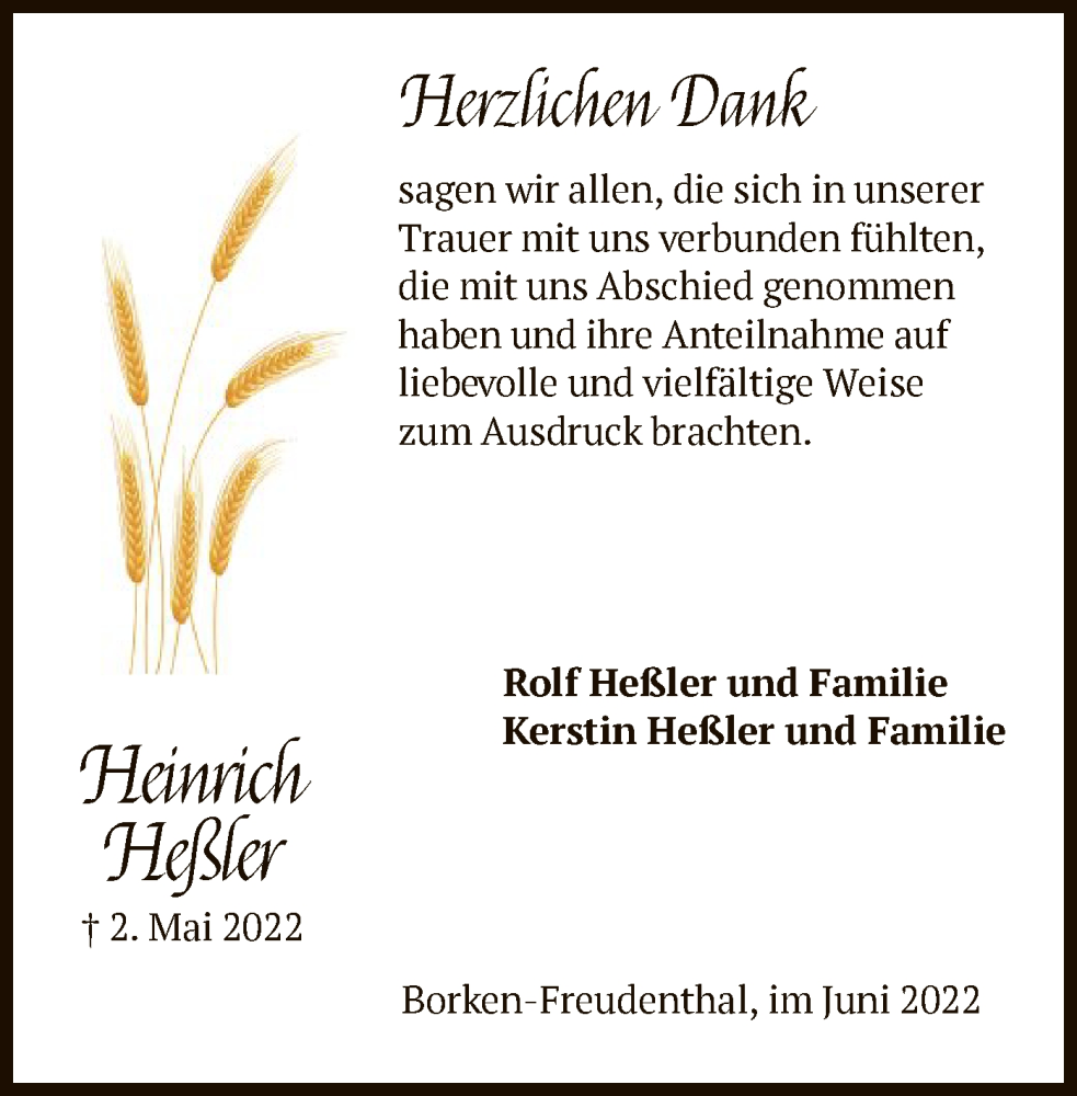  Traueranzeige für Heinrich Heßler vom 11.06.2022 aus HNA