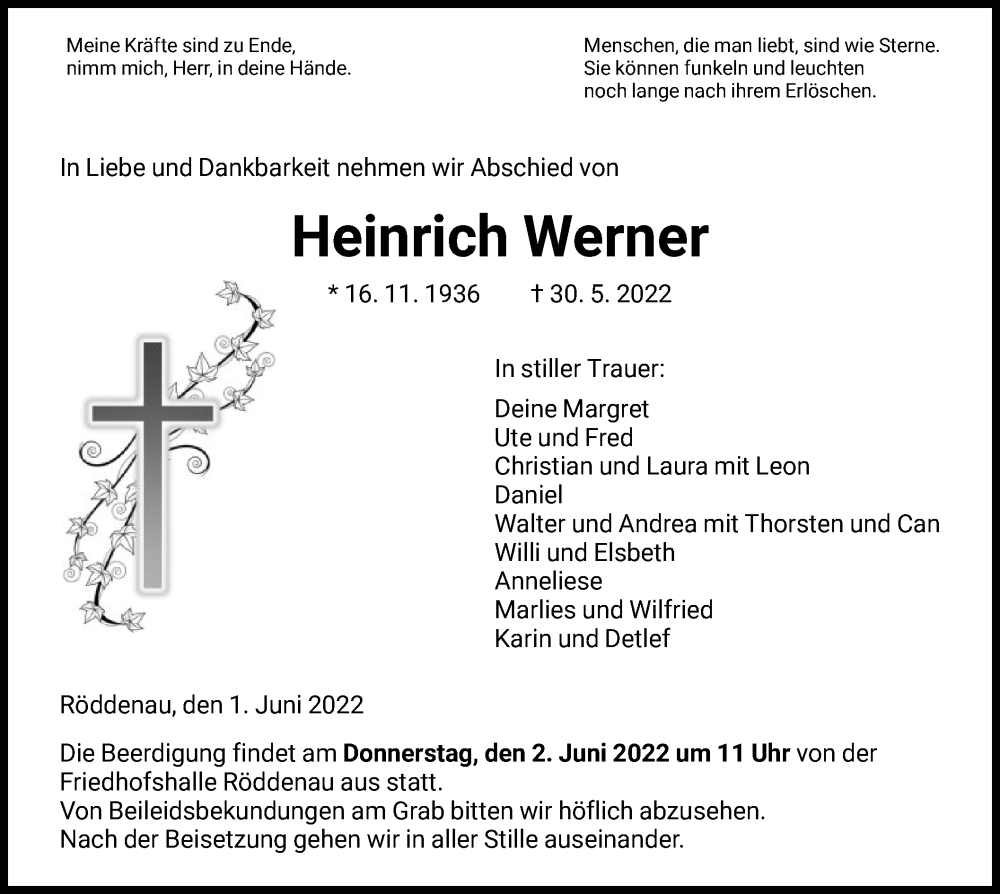  Traueranzeige für Heinrich Werner vom 01.06.2022 aus HNA