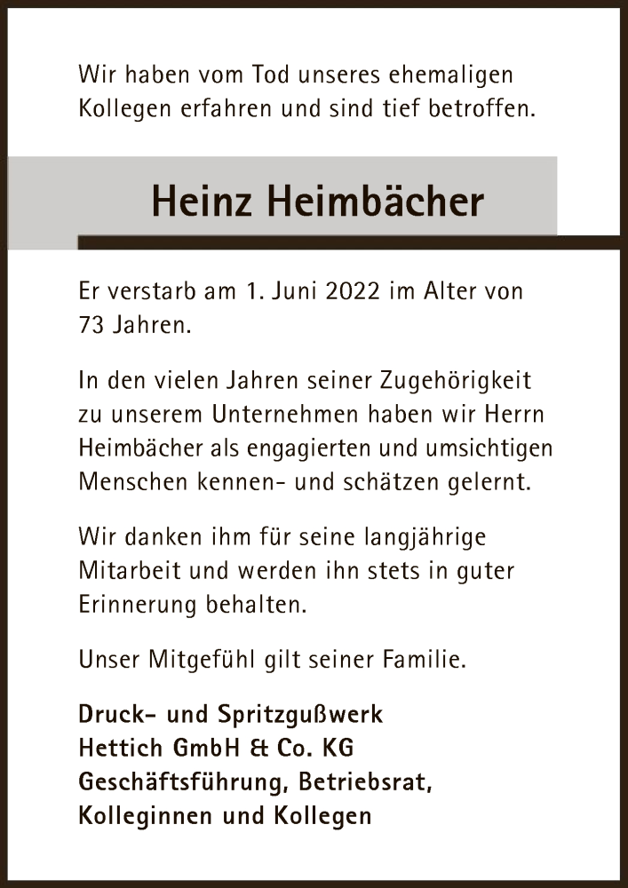  Traueranzeige für Heinz Heimbächer vom 24.06.2022 aus HNA