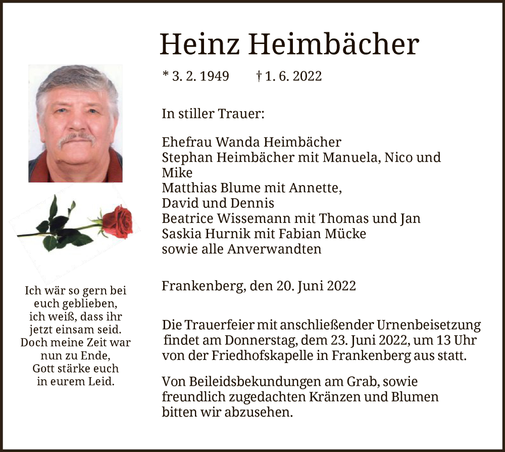  Traueranzeige für Heinz Heimbächer vom 20.06.2022 aus HNA