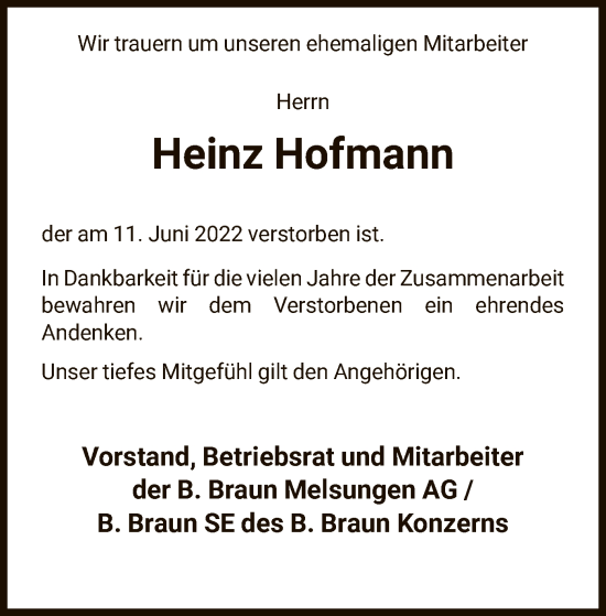 Traueranzeige von Heinz Hofmann von HNA