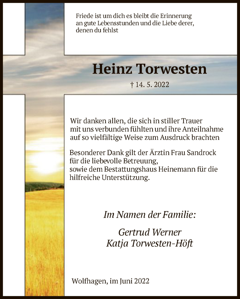  Traueranzeige für Heinz Torwesten vom 11.06.2022 aus HNA