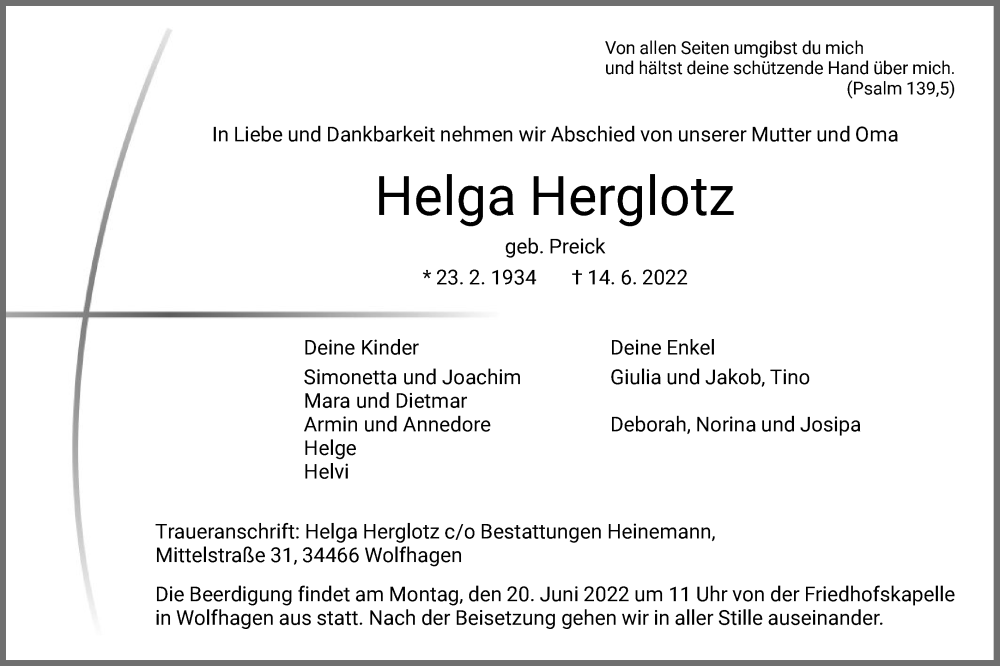  Traueranzeige für Helga Herglotz vom 18.06.2022 aus HNA