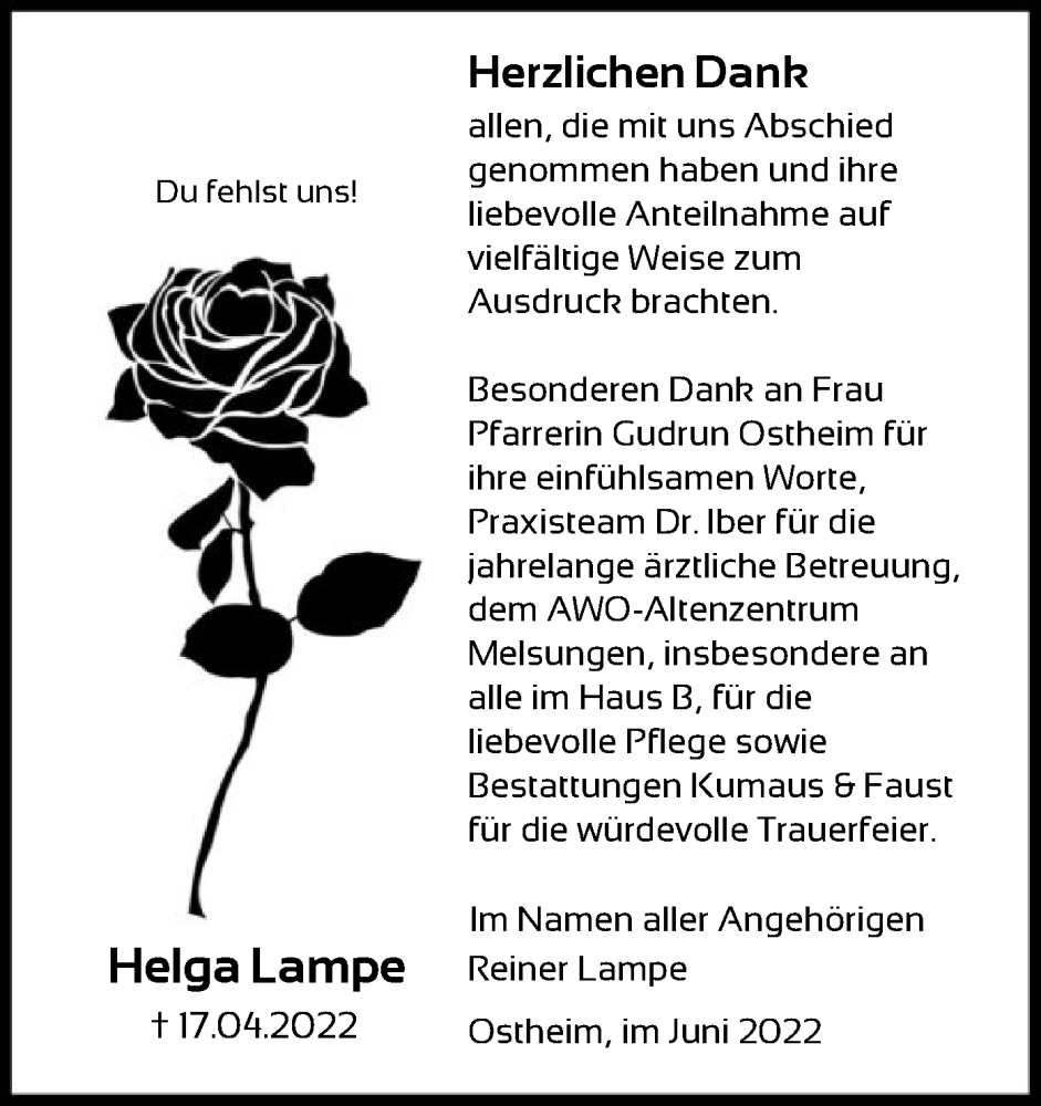  Traueranzeige für Helga Lampe vom 04.06.2022 aus HNA
