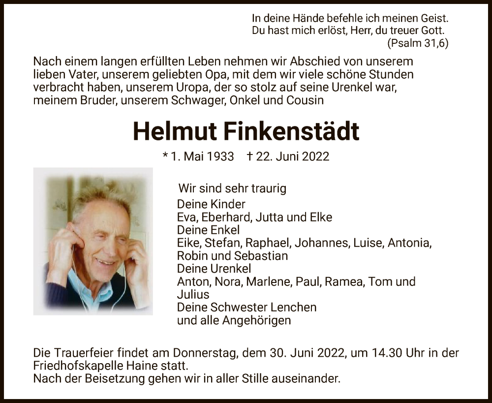  Traueranzeige für Helmut Finkenstädt vom 28.06.2022 aus HNA