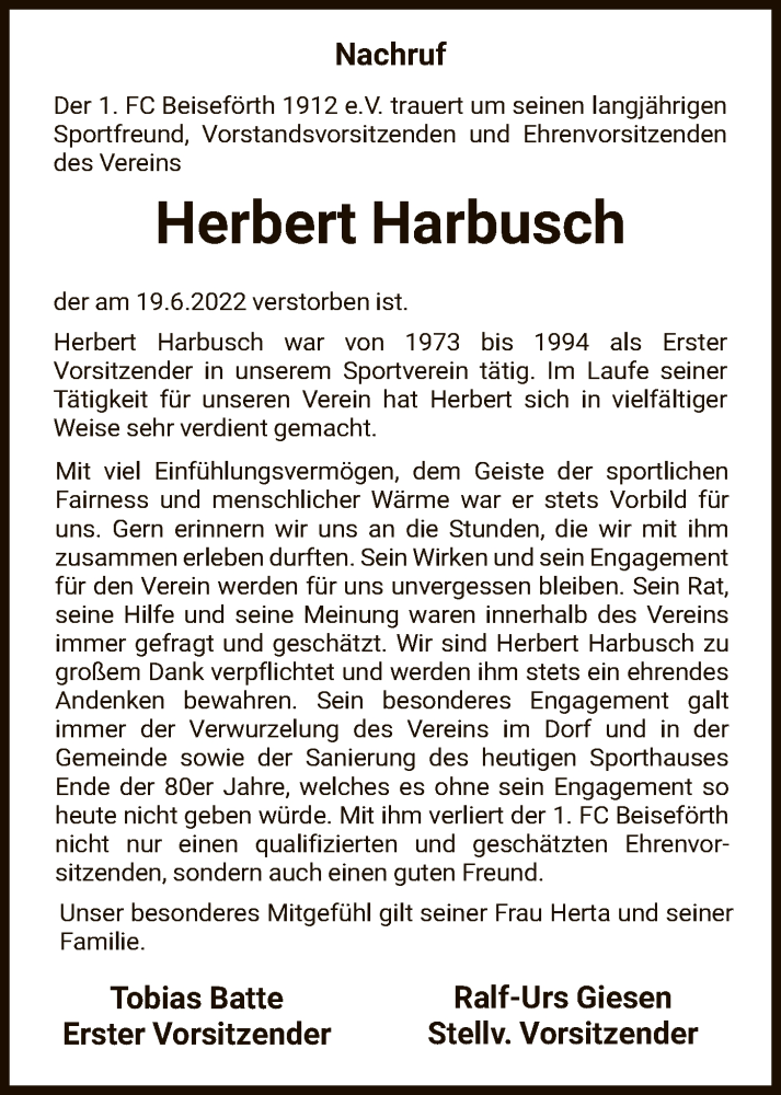  Traueranzeige für Herbert Harbusch vom 25.06.2022 aus HNA