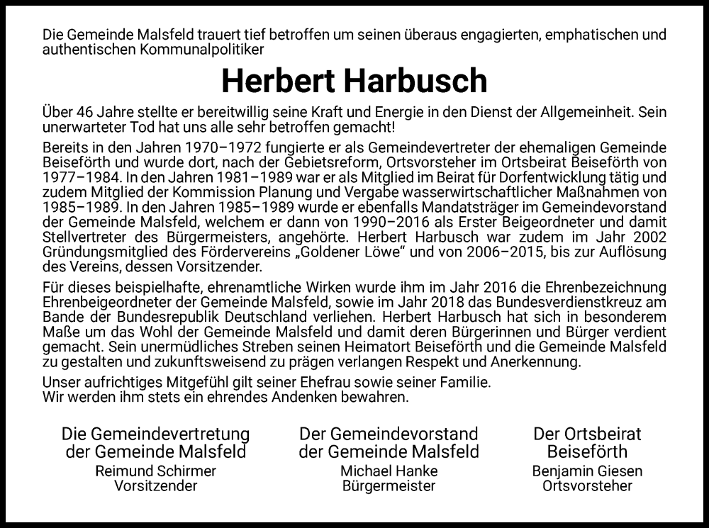  Traueranzeige für Herbert Harbusch vom 25.06.2022 aus HNA