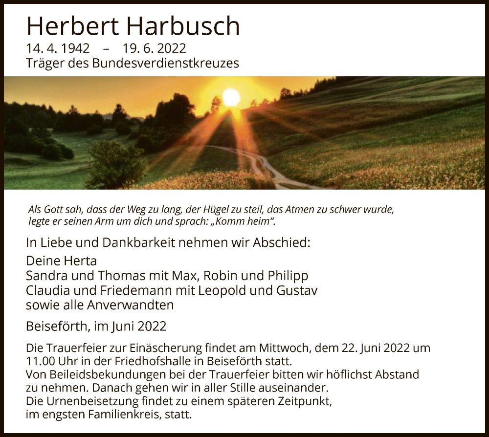  Traueranzeige für Herbert Harbusch vom 21.06.2022 aus HNA