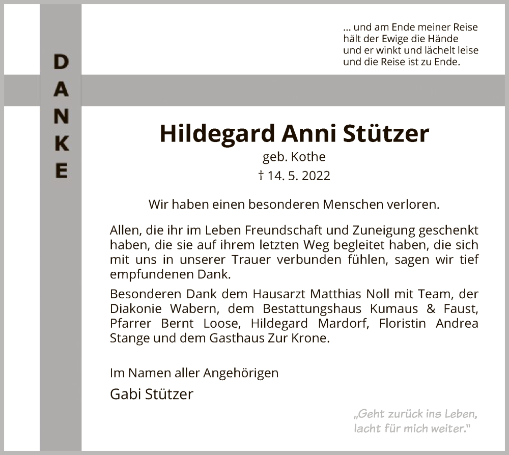  Traueranzeige für Hildegard Anni Stützer vom 04.06.2022 aus HNA