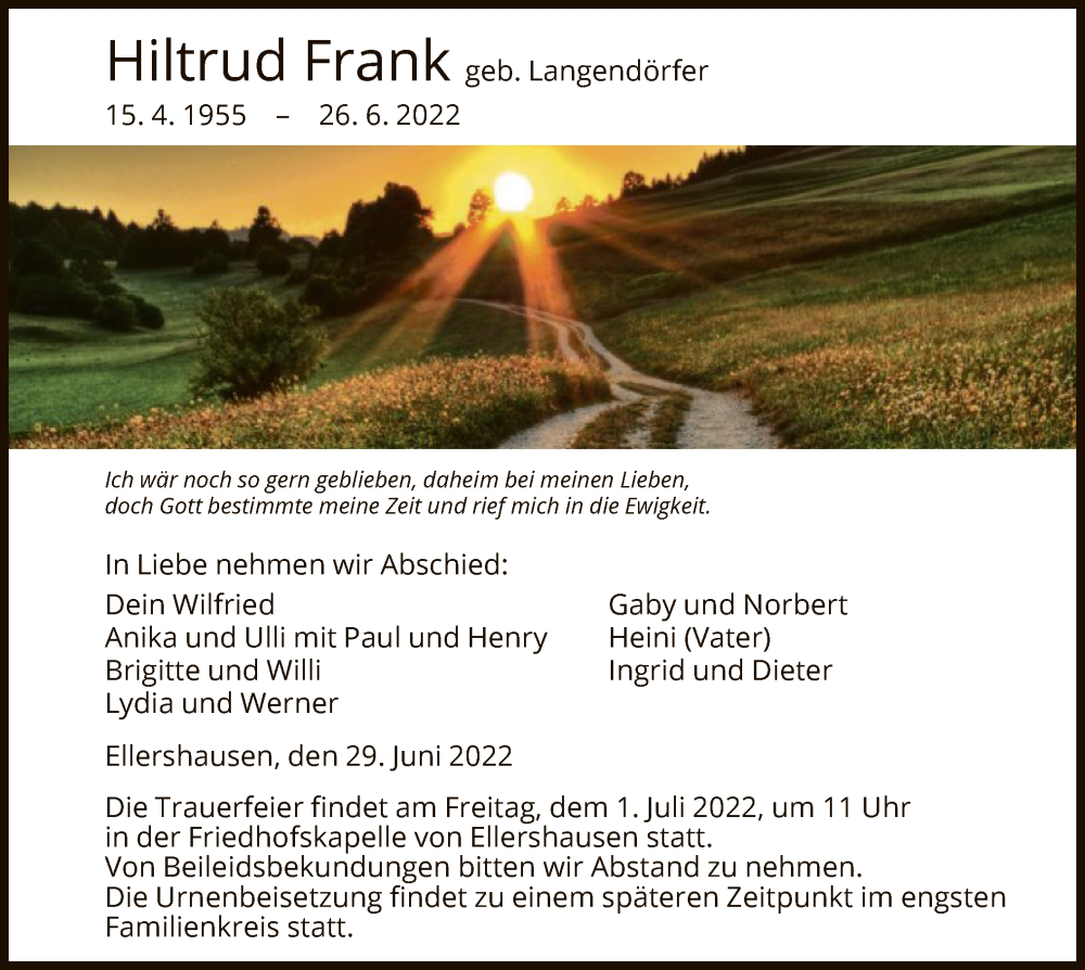  Traueranzeige für Hiltrud Frank vom 29.06.2022 aus HNA