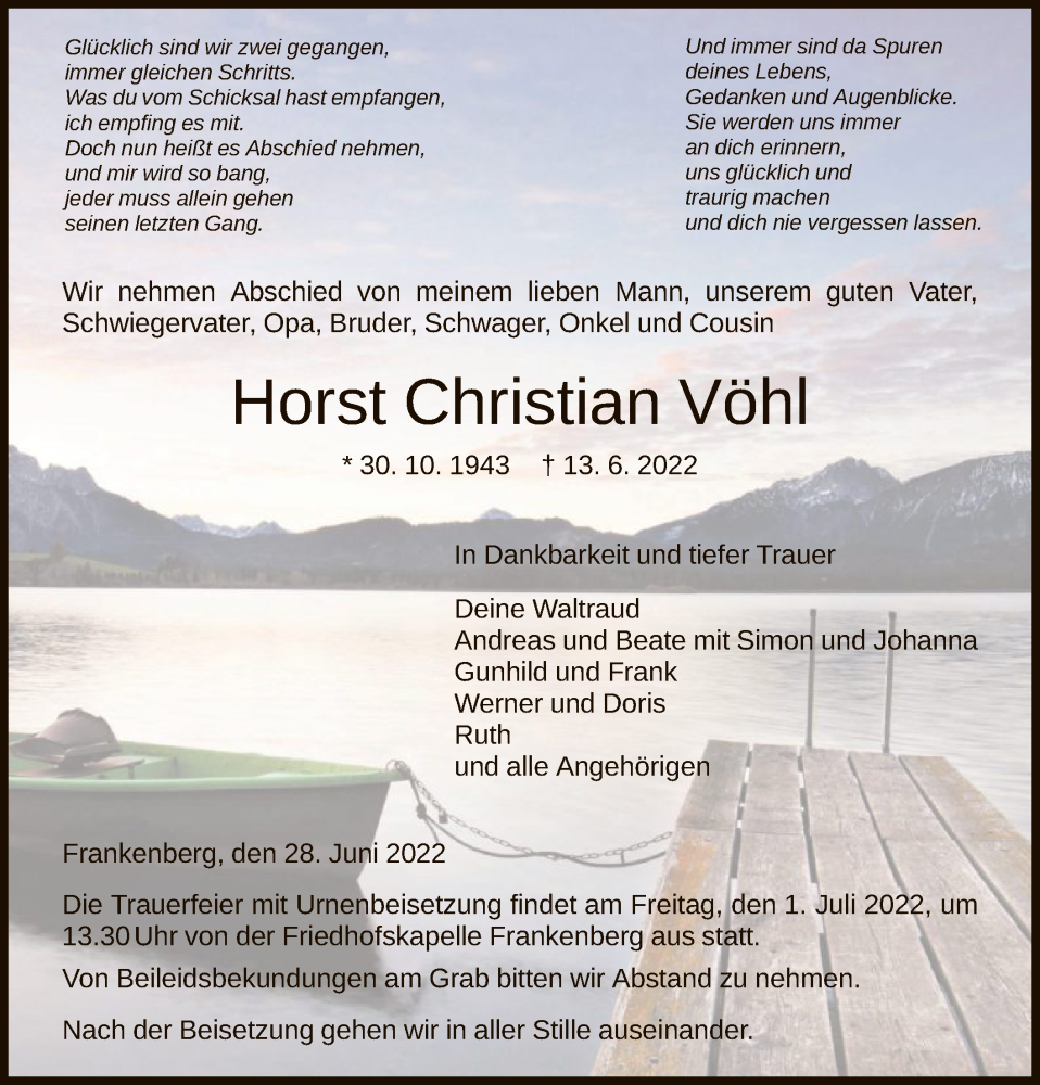  Traueranzeige für Horst Christian Vöhl vom 28.06.2022 aus HNA