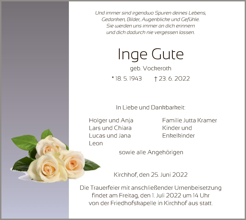  Traueranzeige für Inge Gute vom 25.06.2022 aus HNA