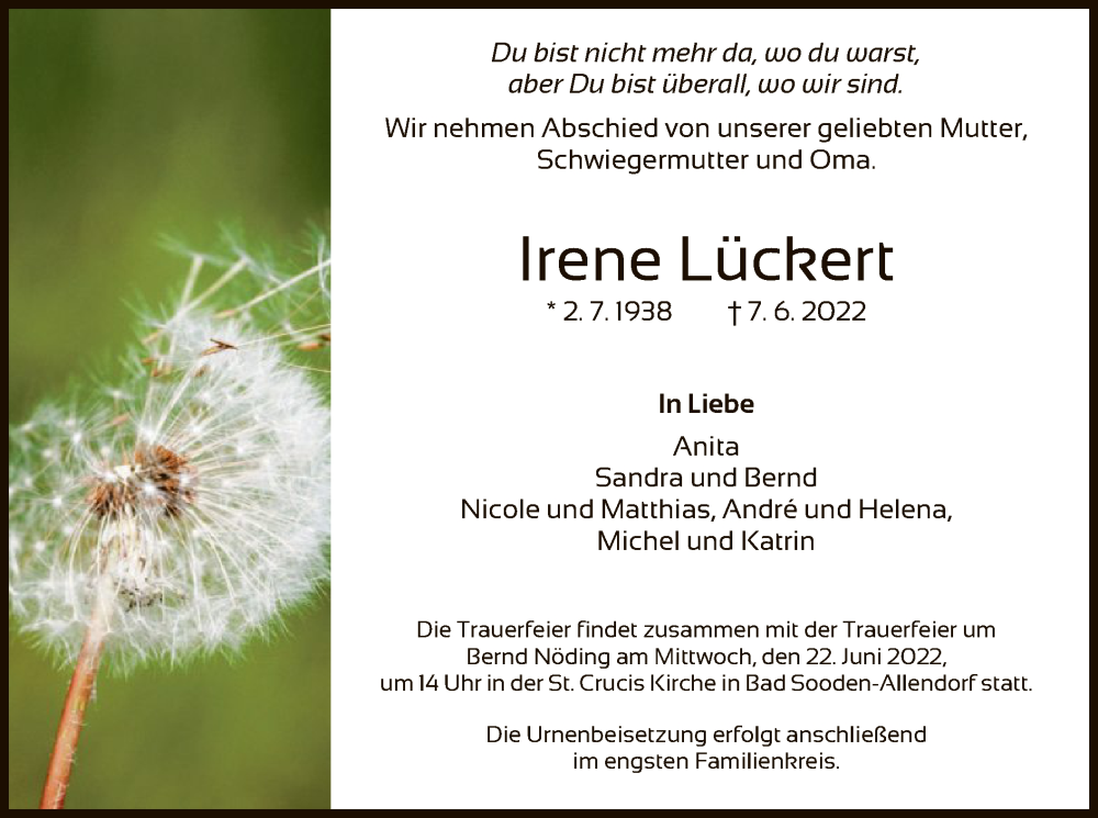  Traueranzeige für Irene Lückert vom 18.06.2022 aus HNA