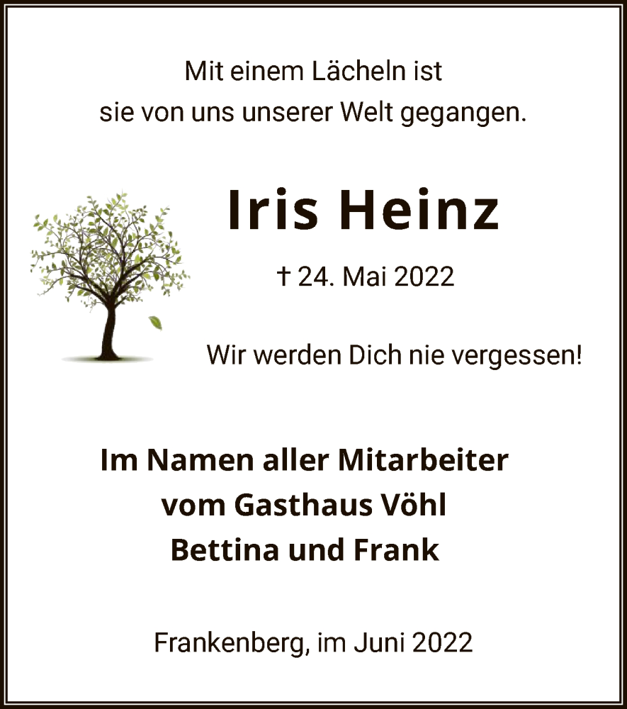  Traueranzeige für Iris Heinz vom 11.06.2022 aus HNA