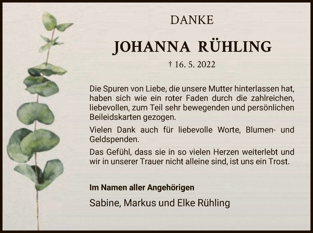  Traueranzeige für Johanna Rühling vom 25.06.2022 aus HNA