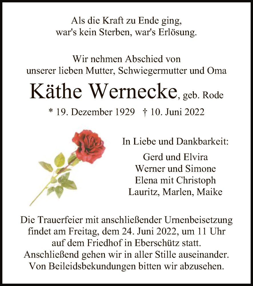  Traueranzeige für Käthe Wernecke vom 18.06.2022 aus HNA