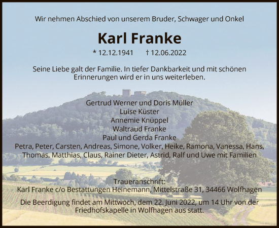 Traueranzeige von Karl Franke von HNA