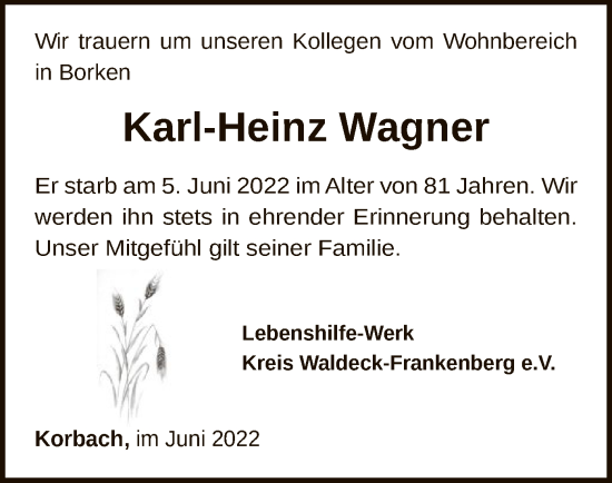 Traueranzeige von Karl-Heinz Wagner von HNA
