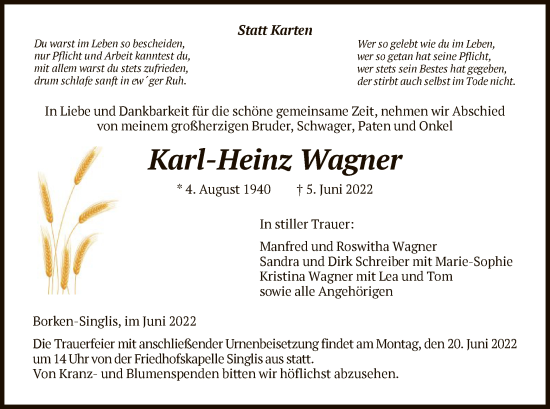 Traueranzeige von Karl-Heinz Wagner von HNA
