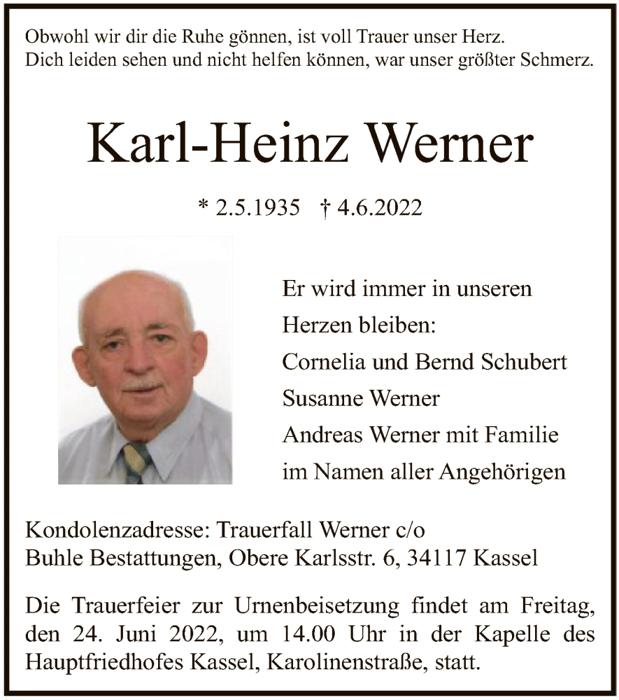  Traueranzeige für Karl-Heinz Werner vom 18.06.2022 aus HNA