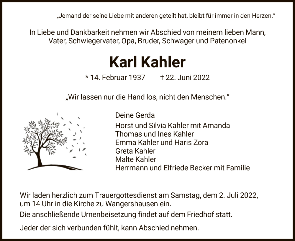  Traueranzeige für Karl Kahler vom 29.06.2022 aus HNA