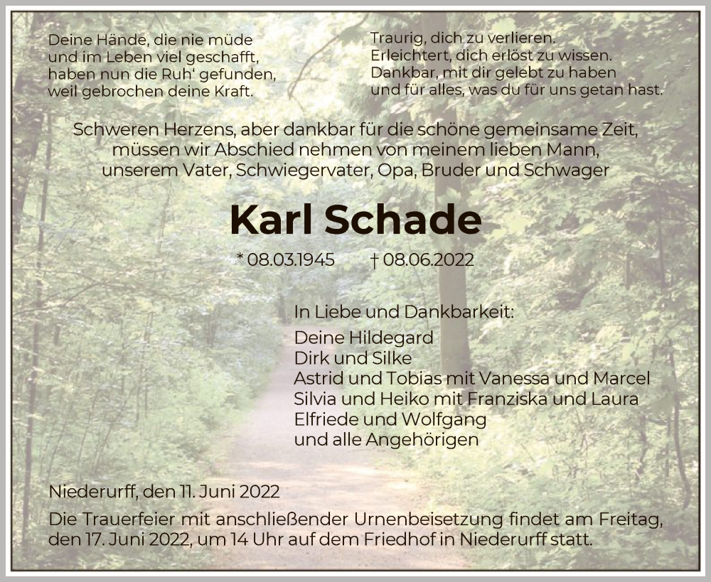 Traueranzeigen von Karl Schade Trauer.HNA.de