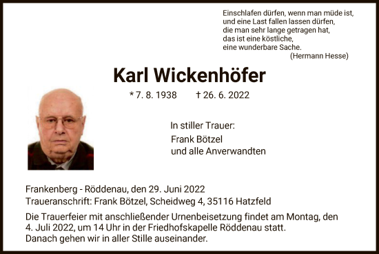 Traueranzeige von Karl Wickenhöfer von HNA