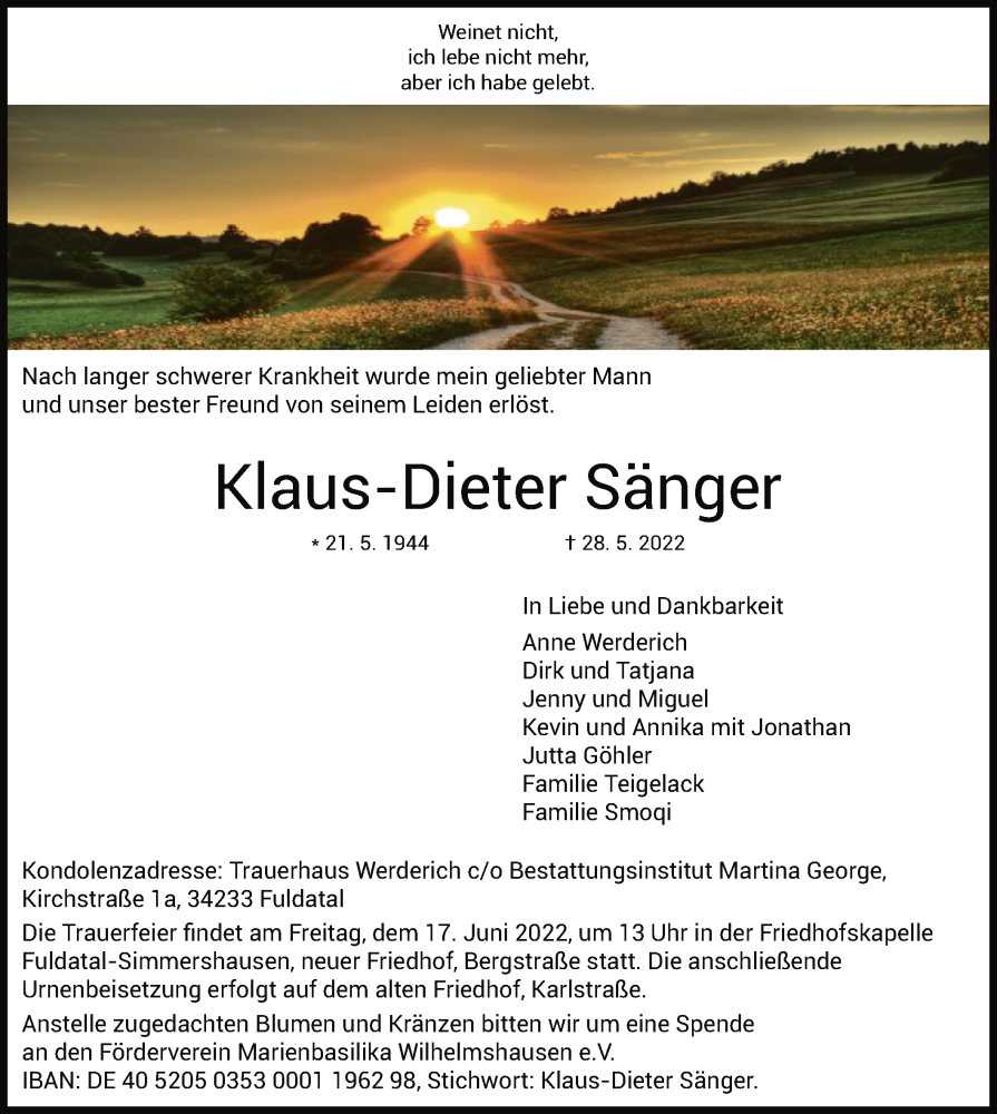  Traueranzeige für Klaus-Dieter Sänger vom 11.06.2022 aus HNA